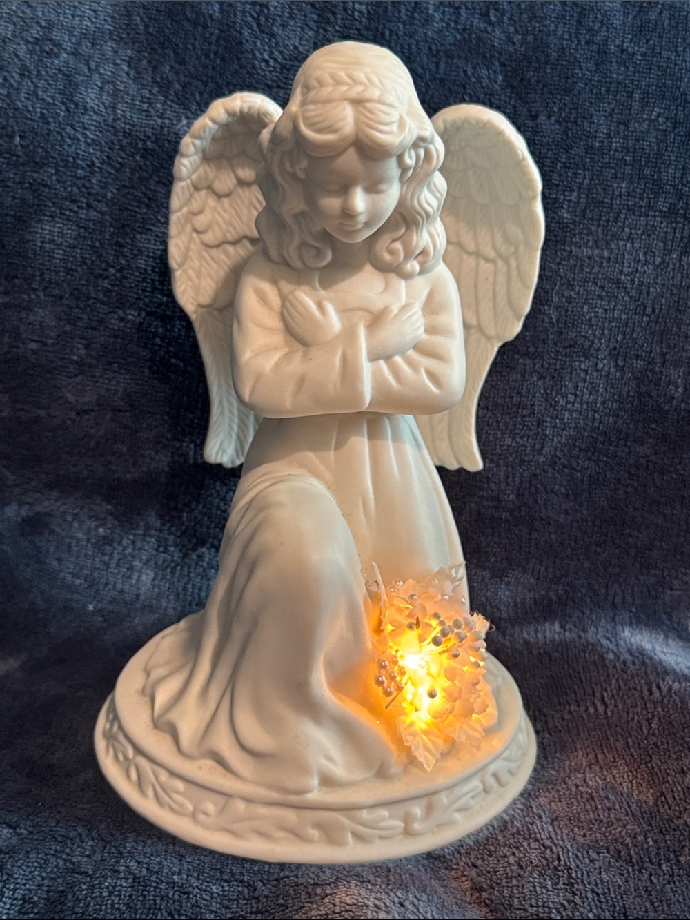 White Ceramic Angel Figurine with Lighted Crystal Accent